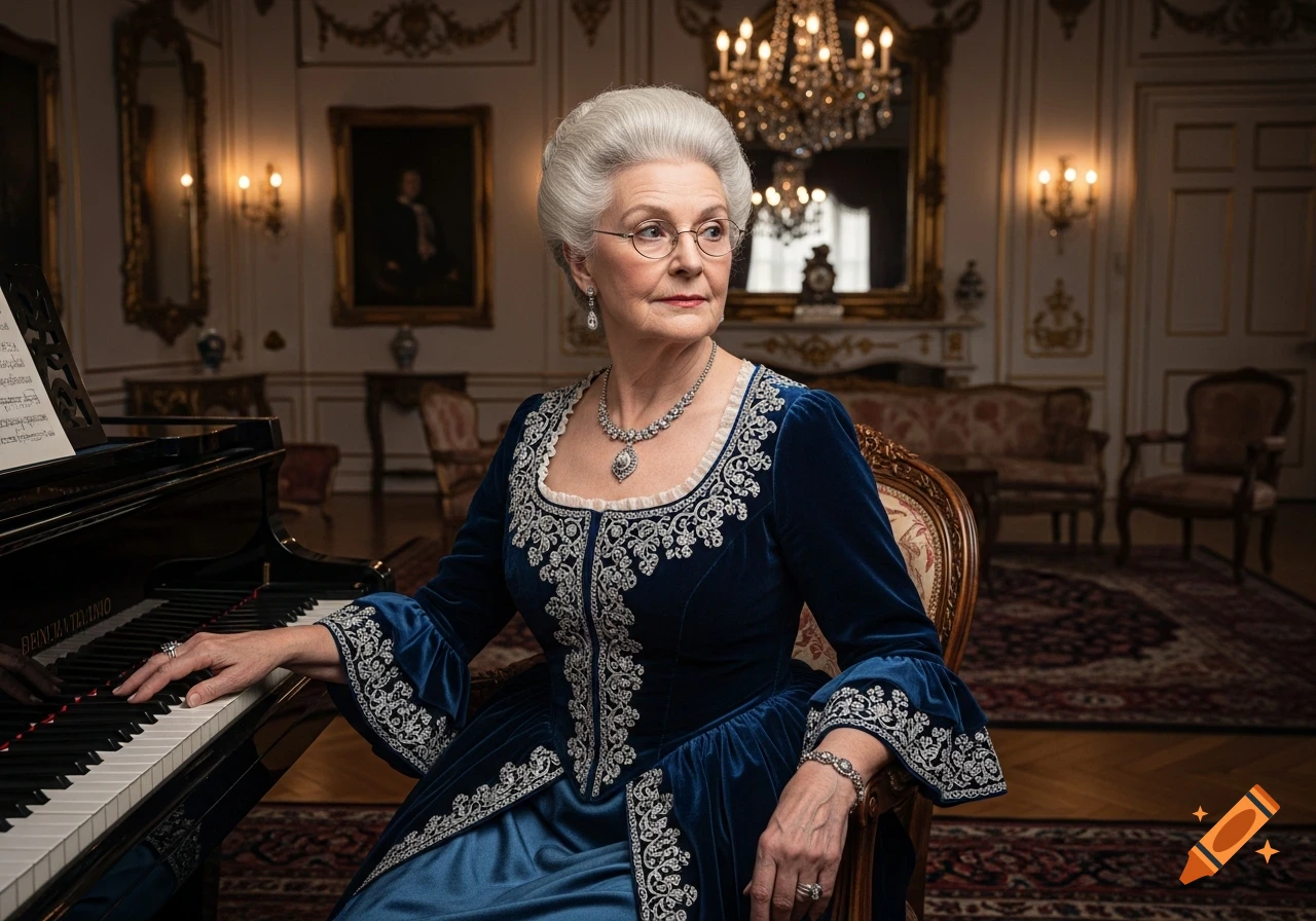 A sophisticated elderly woman with white hair, wearing a blue velvet aristocratic gown and jewelry, sits at a grand piano in a lavish, ornate room.