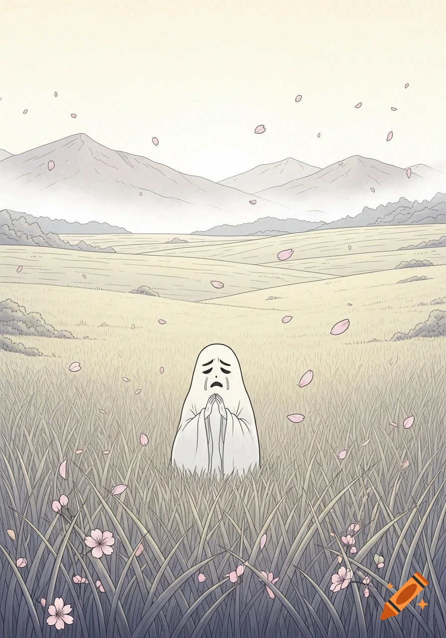 A sad white ghost with clasped hands cries in a grassy field with pink cherry blossom petals falling, mountains in the distance. Ukiyo-e style.