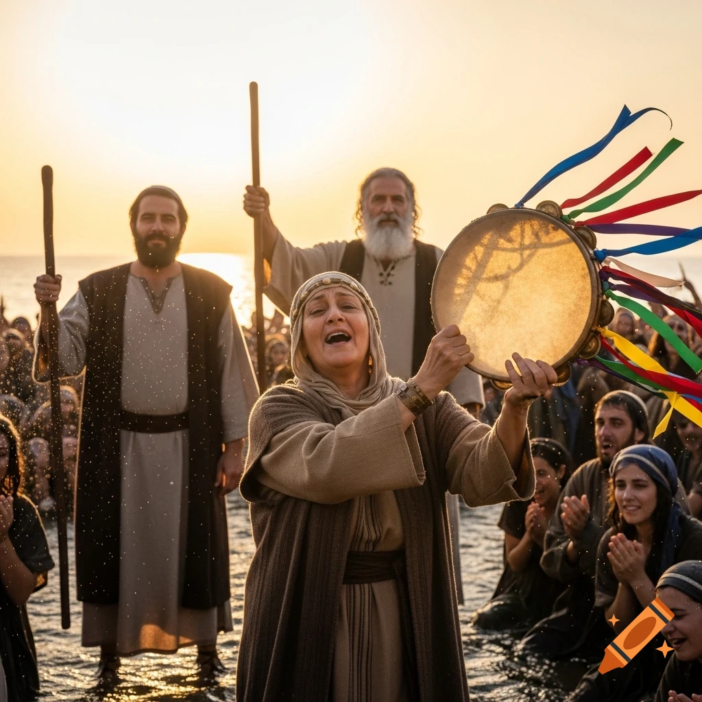 A jubilant woman sings and plays a ribbon-decorated tambourine, leading a crowd in water at sunset with two men holding staffs behind her.