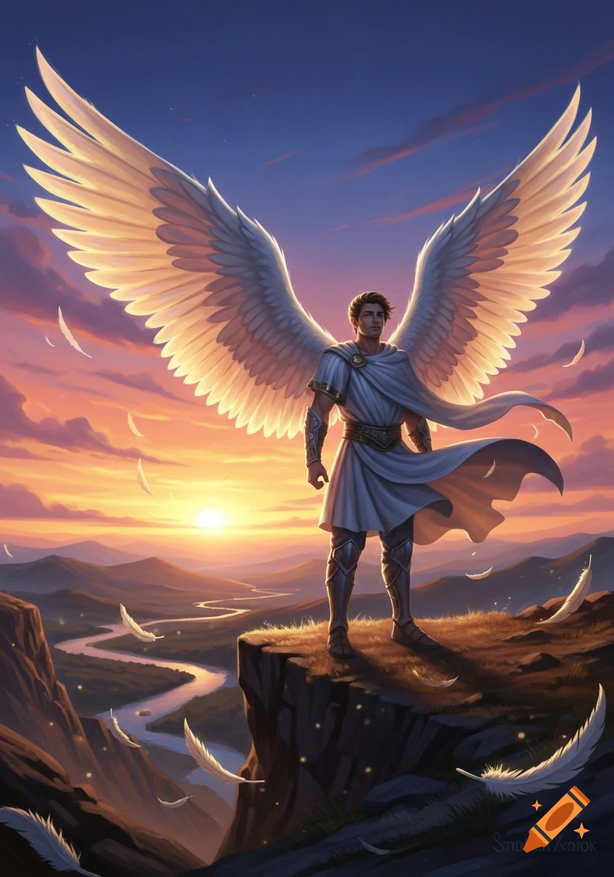 An angelic figure with large white wings stands on a cliff overlooking a winding river and mountains at sunset.