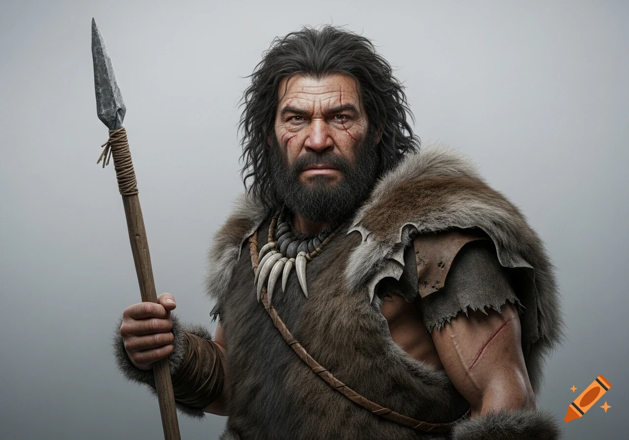 Hyper-realistic portrait of a rugged prehistoric man with a beard and scars, wearing furs, holding a stone spear, against a gray background.