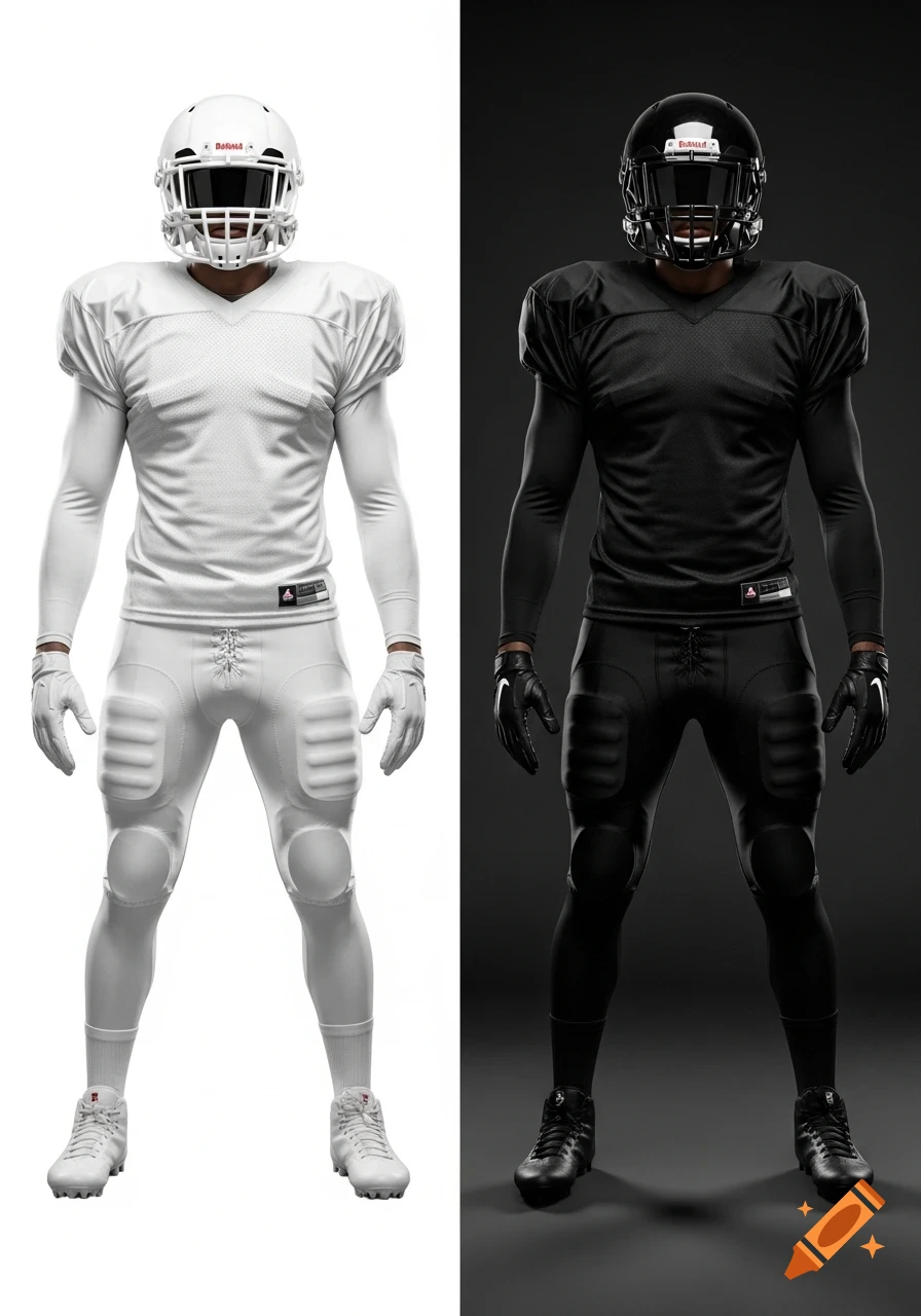 Two identical American football players standing upright, one in a white uniform and helmet on a white background, the other in a black uniform and helmet on a black background.