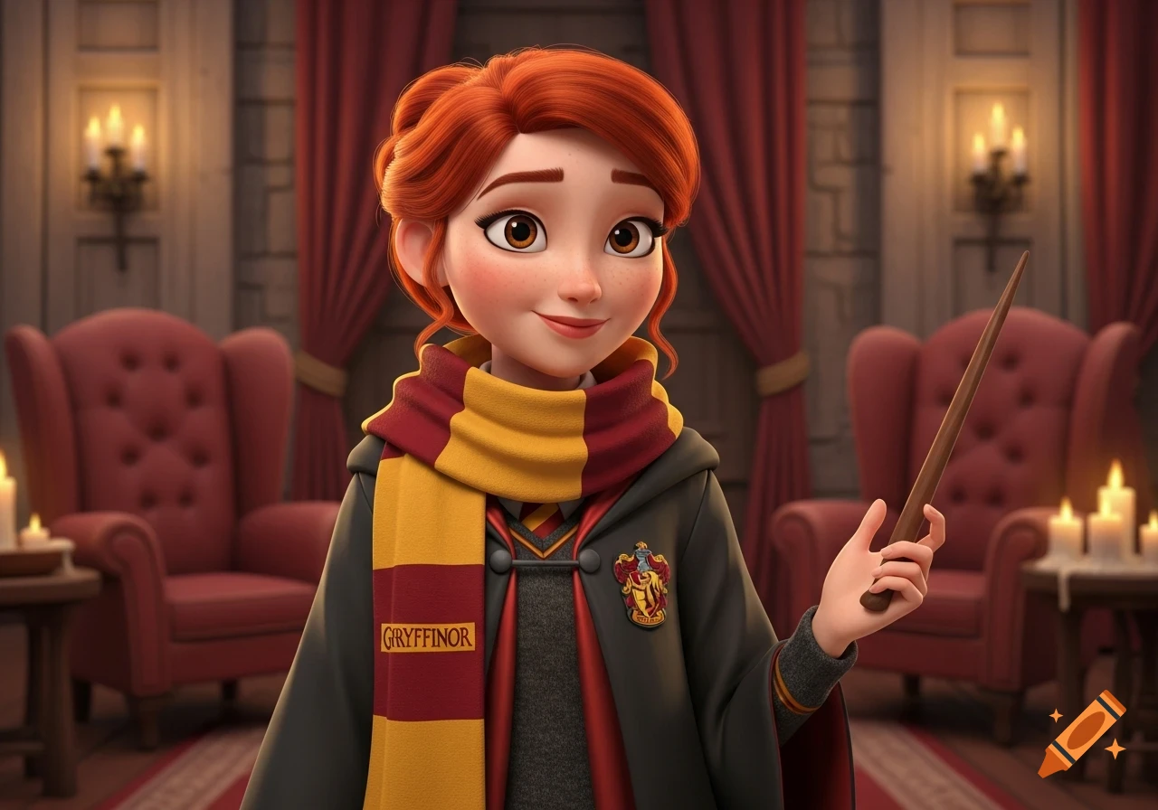 A cartoon redhead woman with a chignon, wearing a Gryffindor uniform and scarf, holding a wand in a candlelit room.