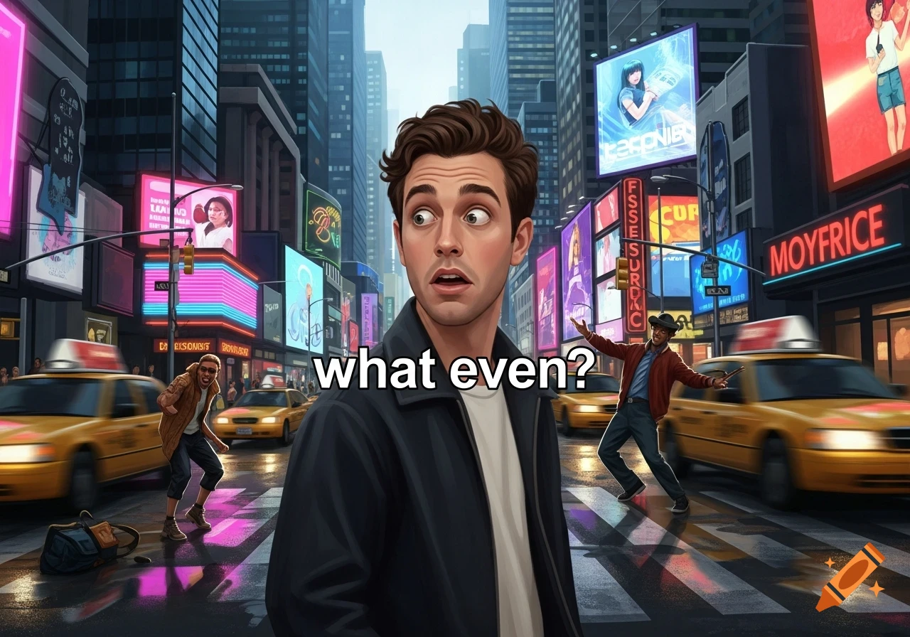 A man in a black jacket and white shirt looks surprised on a busy city street, surrounded by yellow taxis and neon billboards, with the text "what even?" overlayed.