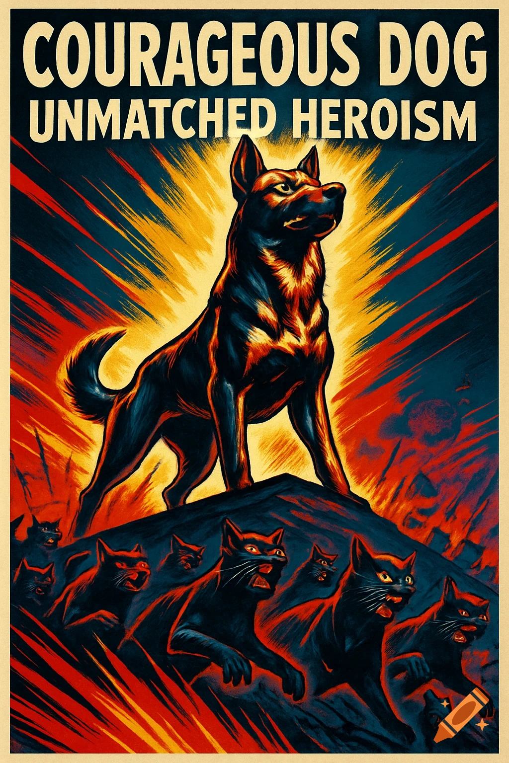 Dramatic propaganda poster of a heroic black dog standing on a hill, bathed in golden light, facing an army of growling black cats below. Text reads: COURAGEOUS DOG UNMATCHED HEROISM.