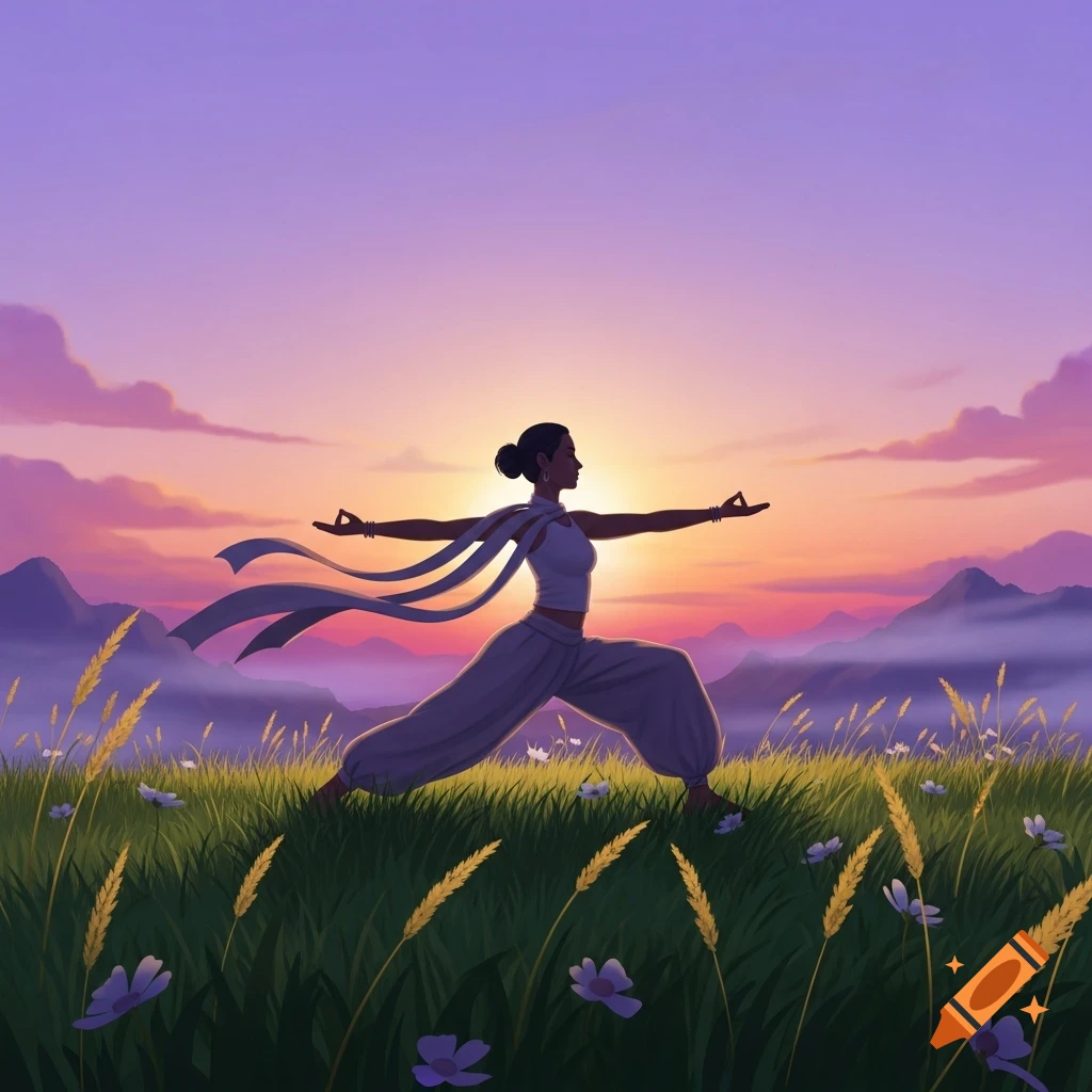 Stylized illustration of a person in a yoga pose, standing in a grassy field with mountains and a vibrant sunset in the background.