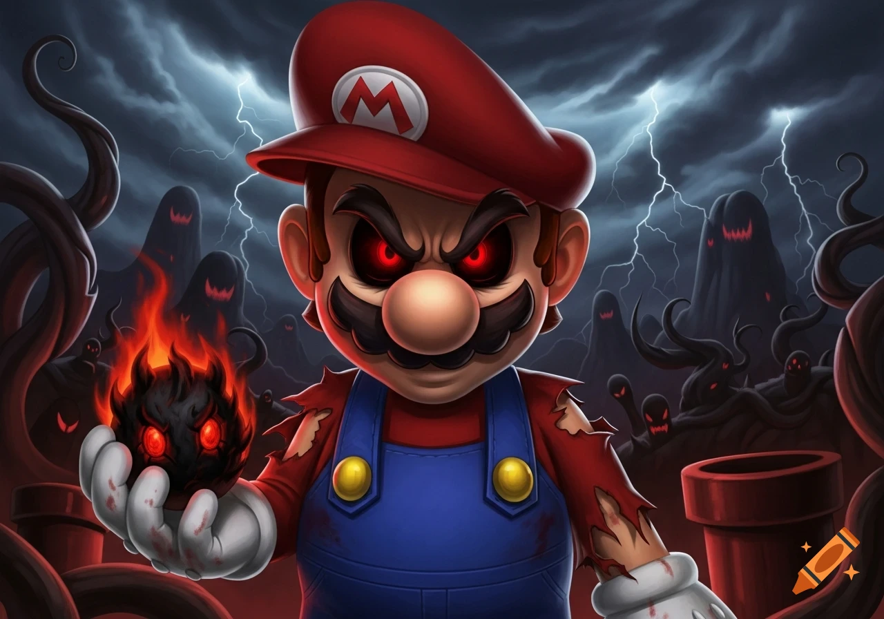 Evil Mario with glowing red eyes, torn clothes, holding a fiery black orb, surrounded by shadowy figures and lightning in a dark, stormy sky. Digital art.