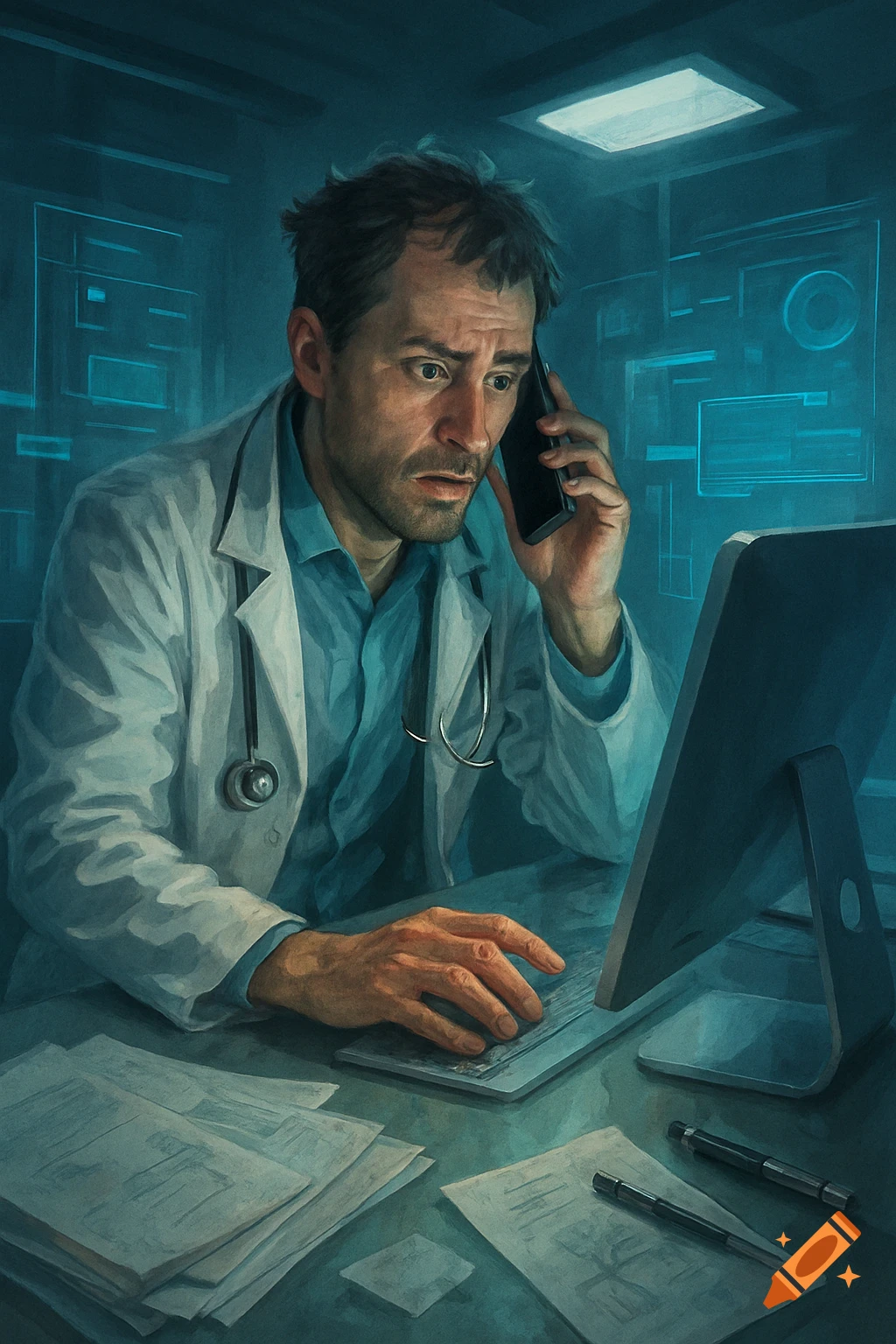A stressed doctor, unshaven, talks on the phone while looking at a computer screen in a dimly lit office, painted in a dramatic style.