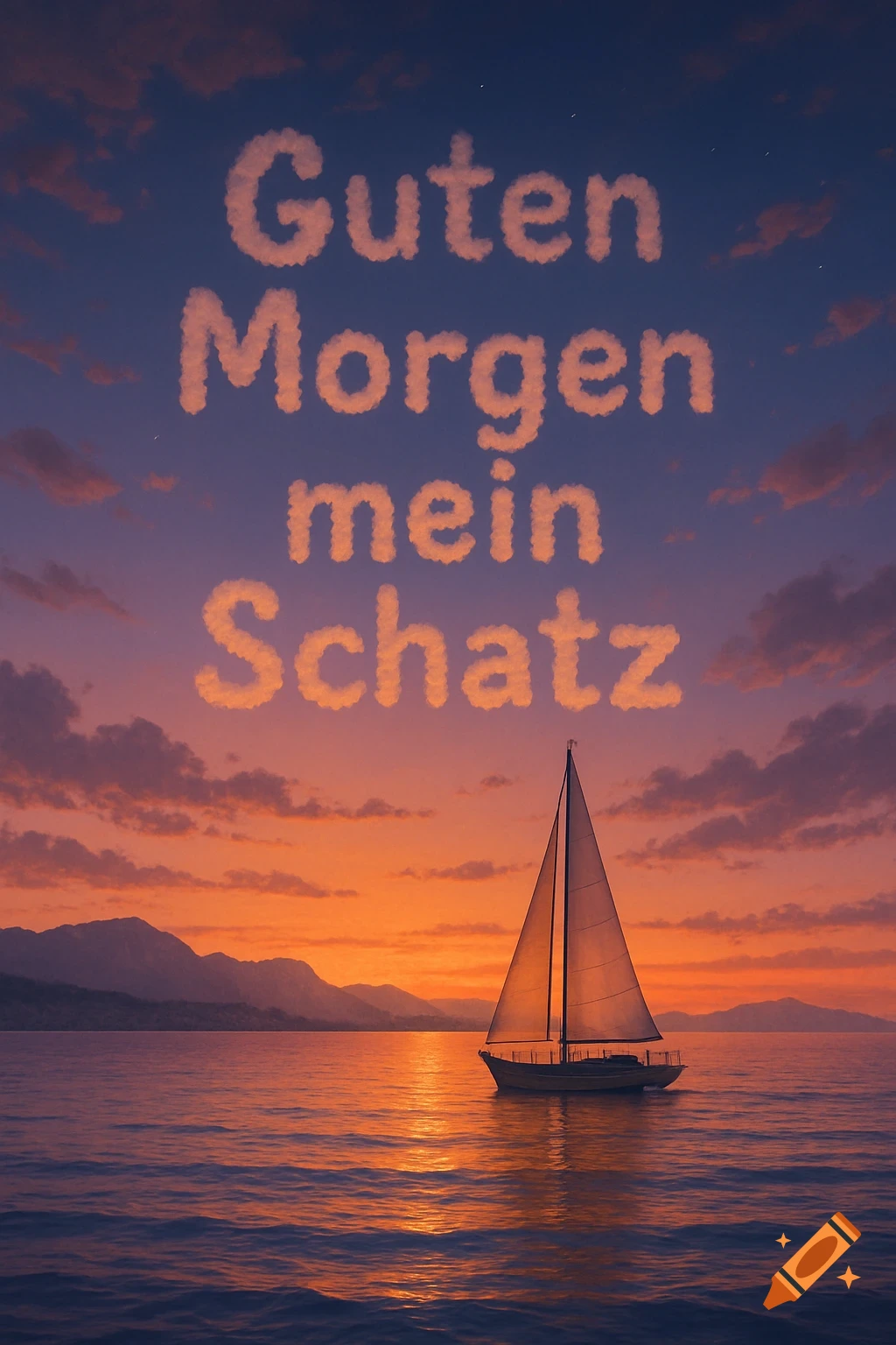 A serene sunset seascape with a sailboat on the water and 'Guten Morgen mein Schatz' written in clouds across the sky.