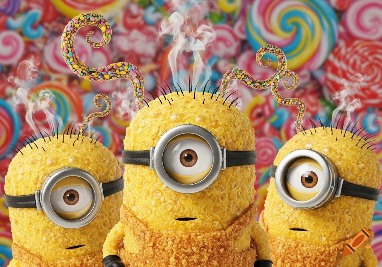 Three deep-fried Minions with goggle eyes, steam, and candy antennae stand before a vibrant background of colorful lollipops.