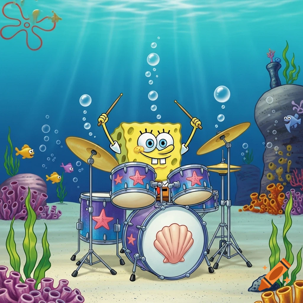 Spongebob Squarepants enthusiastically plays a purple drum kit with starfish and seashell decorations underwater.