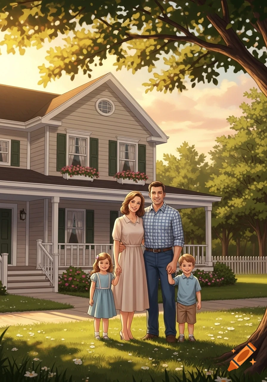 Stylized illustration of a nuclear family standing in a grassy yard in front of their house under a sunset sky.