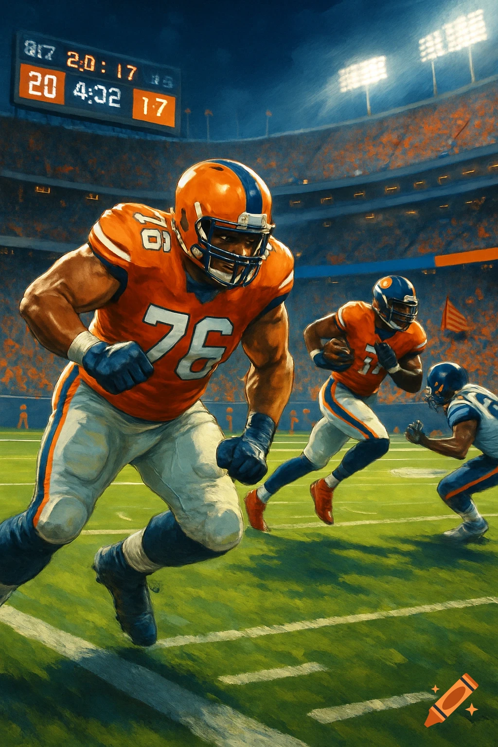 American football players in orange and blue uniforms run on a green field under stadium lights, with a scoreboard displaying scores in the background. Stylized art.