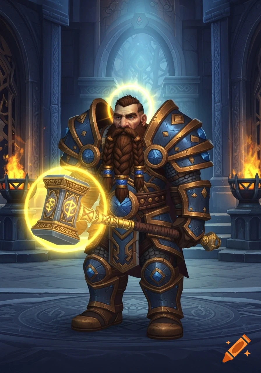 A powerfully built dwarf in blue and gold armor holds a glowing golden hammer in a stone hall.