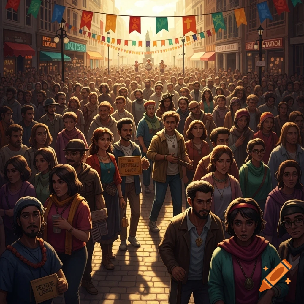 A large crowd of people fills a bustling street lined with buildings and colorful banners overhead, bathed in warm sunlight.