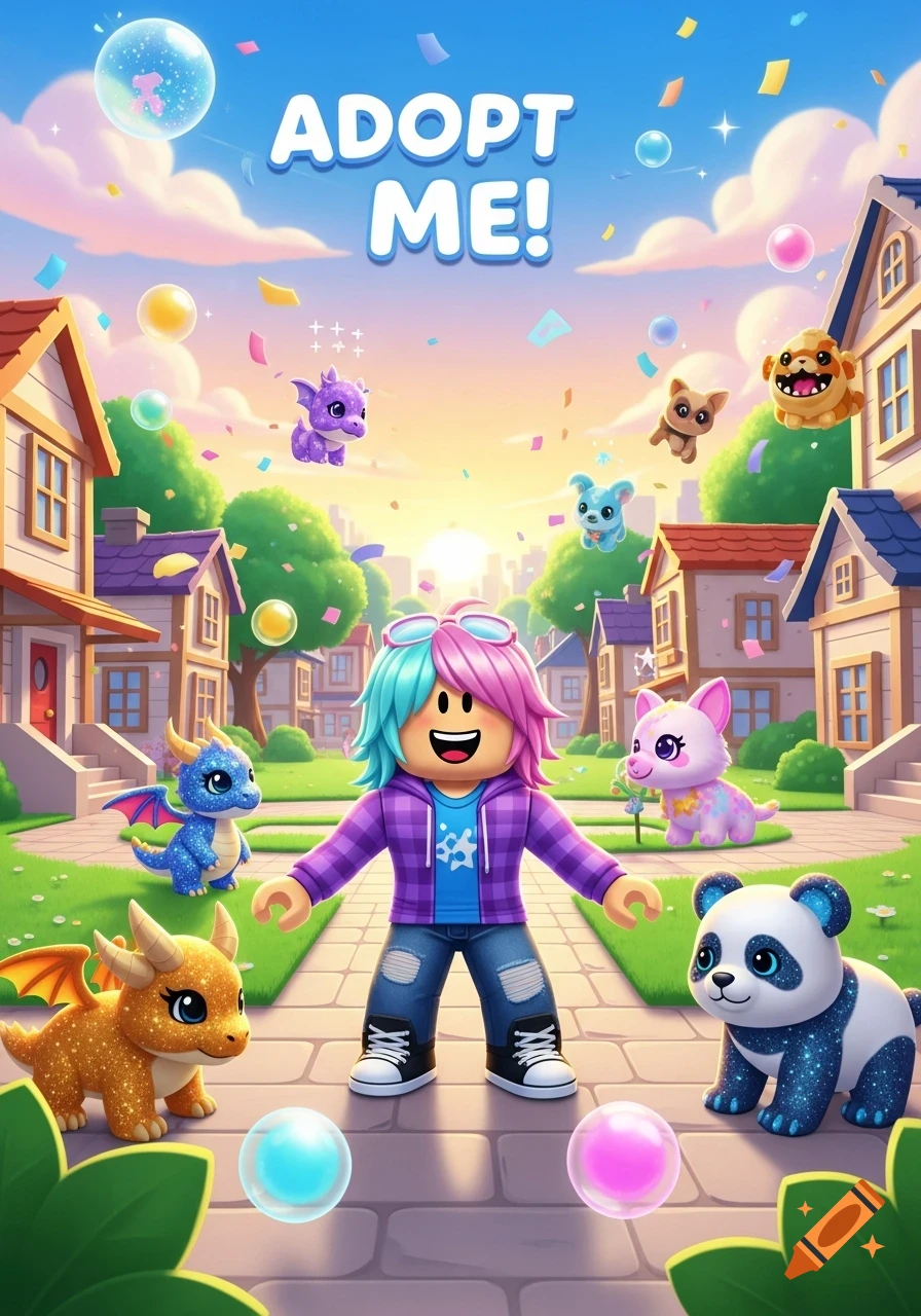 Roblox character with colorful hair in a cartoon neighborhood, surrounded by cute, glittery fantasy pets and confetti, with 'ADOPT ME!' text.