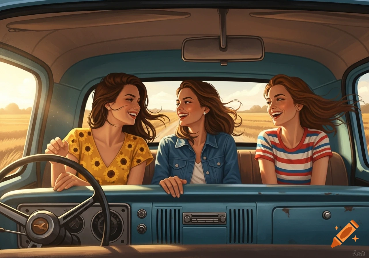Three smiling young women with flowing brown hair are inside the cab of a vintage light blue pickup truck, driving through a sunny, golden field.