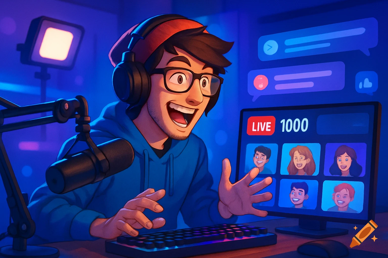 A cartoon man with glasses and headphones streams live, excitedly gesturing at his monitor showing "LIVE 1000" and a multi-person video call.