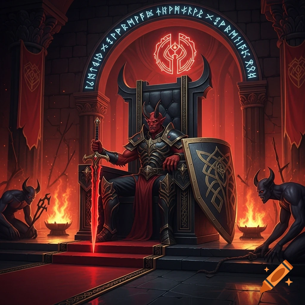 A red-skinned devil king in dark armor sits on a throne, holding a glowing sword and shield, flanked by kneeling demons in a fiery, rune-lit hellish palace.