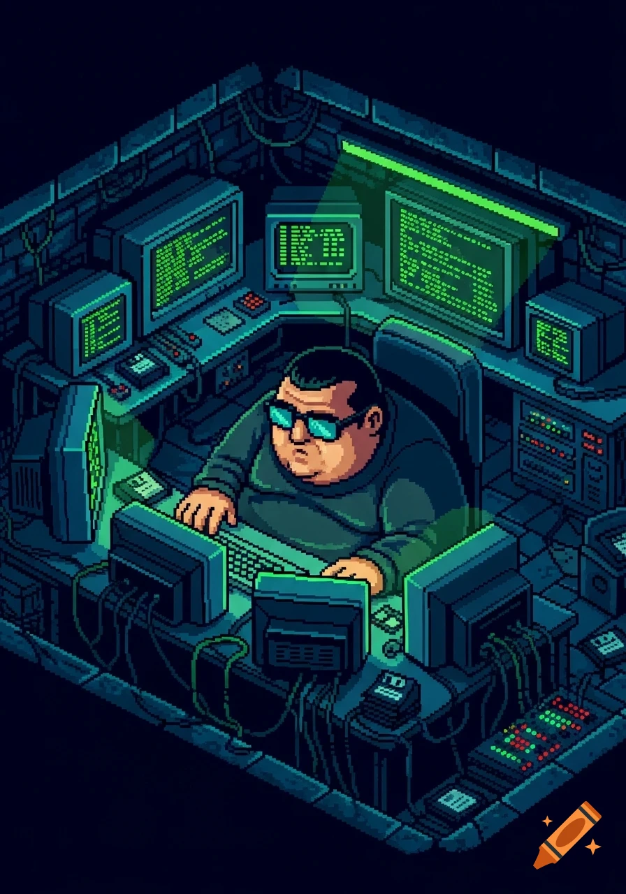 Isometric 8-bit pixel art of a heavy-set hacker in glasses surrounded by green-screened computers in a dark, wired room.