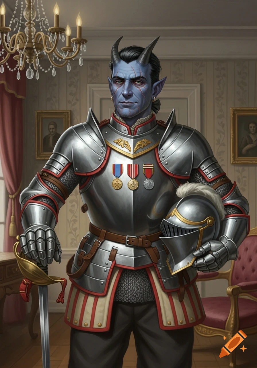 A blue-skinned Tiefling in steel plate armor with medals stands in a rococo room, holding a sword and a sallet helmet.