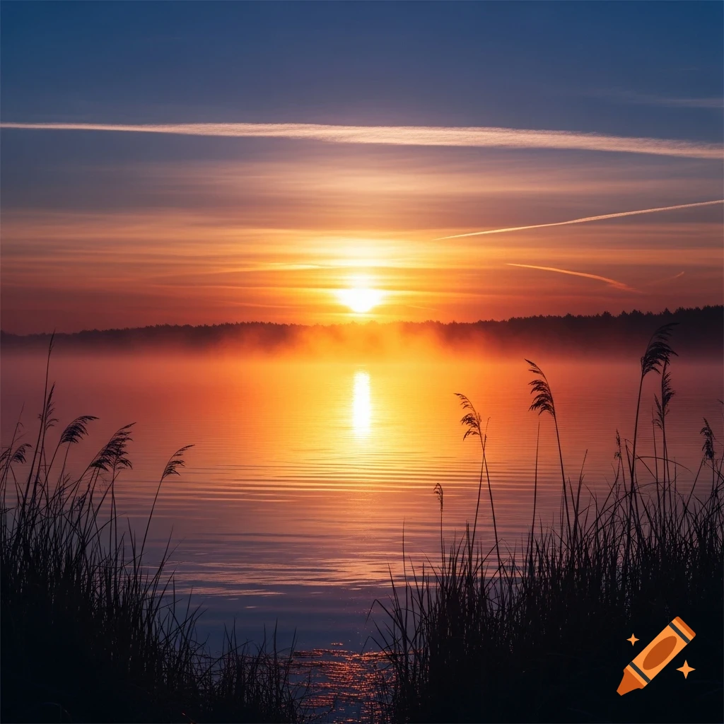 Photorealistic sunrise over a misty lake with golden light reflecting on the water, silhouetted reeds in the foreground.