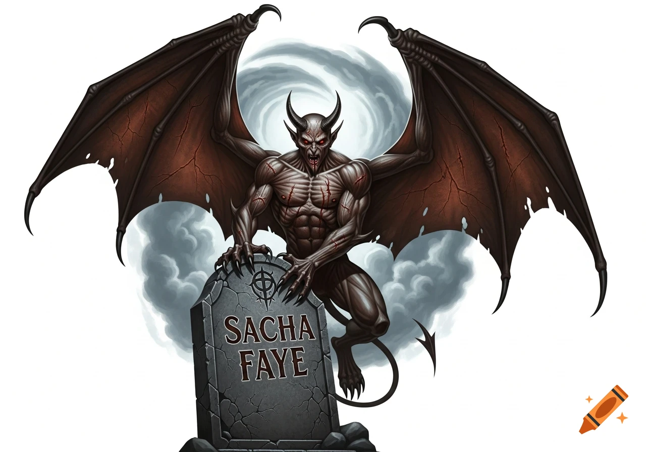 A detailed illustration of a muscular, horned devil with large wings, sharp claws, and red eyes, clinging to a tombstone engraved with "SACHA FAYE" against a stormy sky.