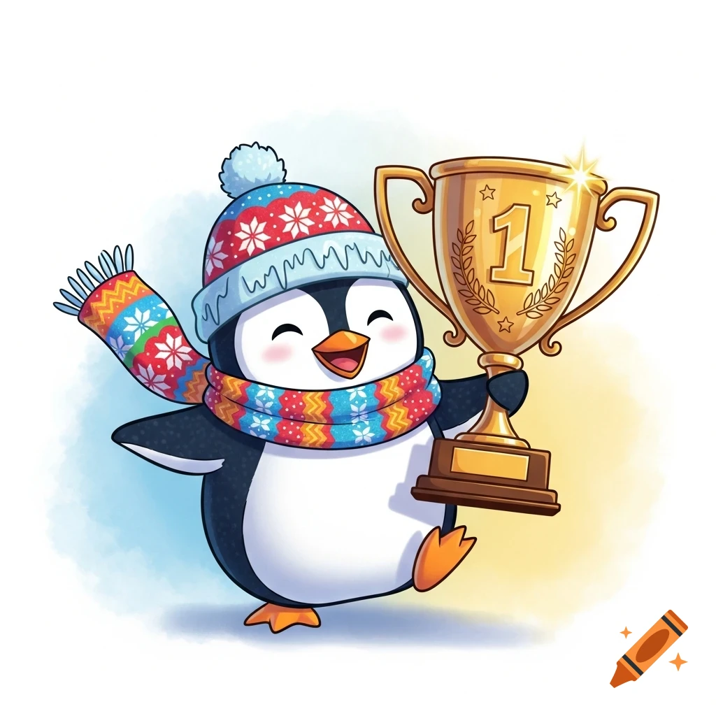 A cute cartoon penguin wearing a winter hat and scarf happily holds a large golden first-place trophy.