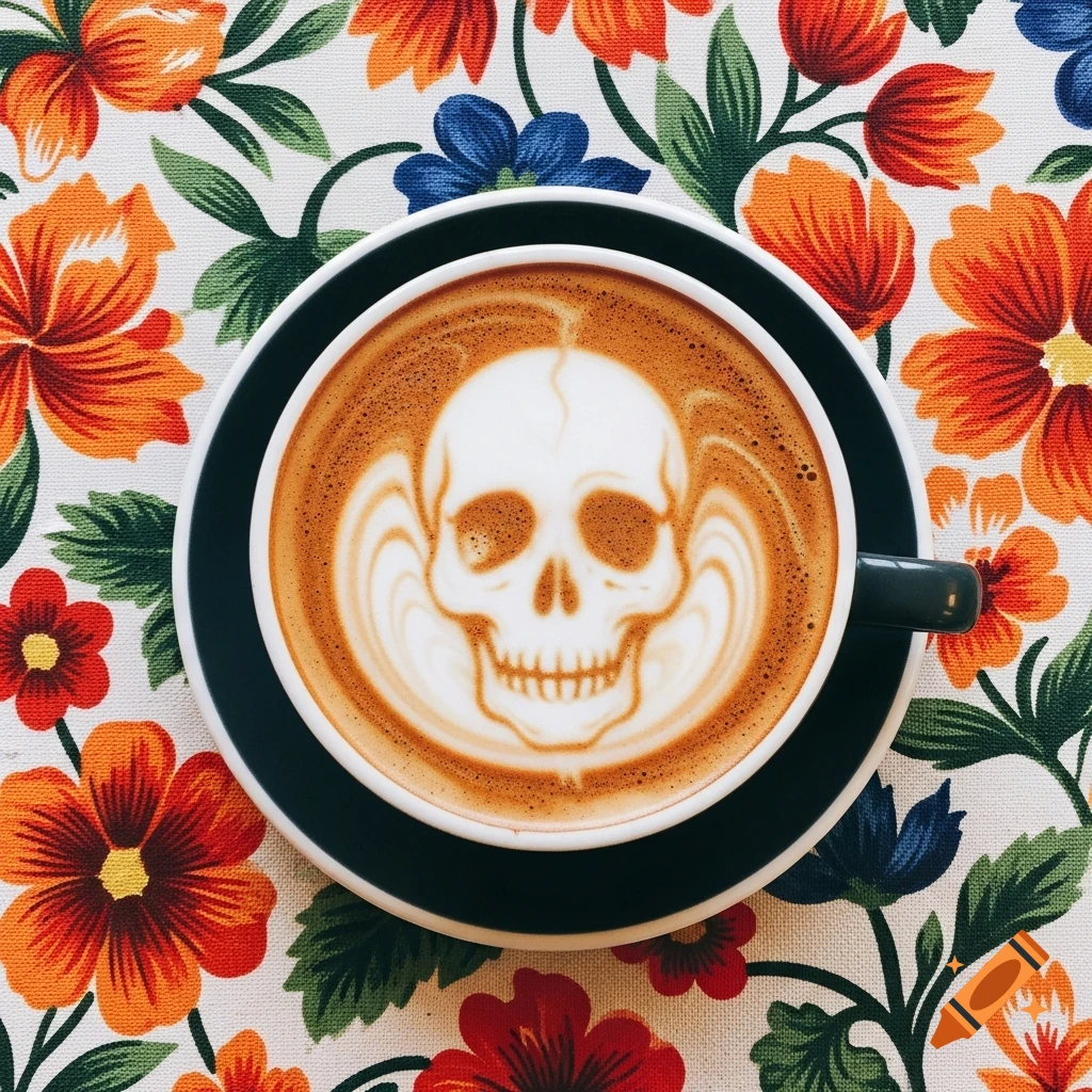 Top-down view of coffee with skull latte art, set on a vibrant floral tablecloth.