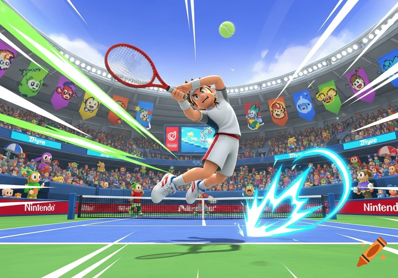A cartoon tennis player in white and red leaps to hit a tennis ball on a vibrant blue and green court in a stadium.