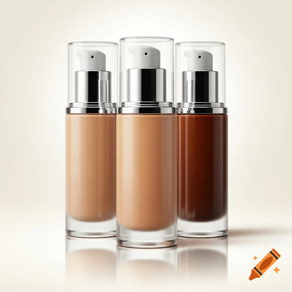 Three sleek bottles of liquid foundation in light, medium, and dark shades, standing on a reflective surface. Photorealistic.