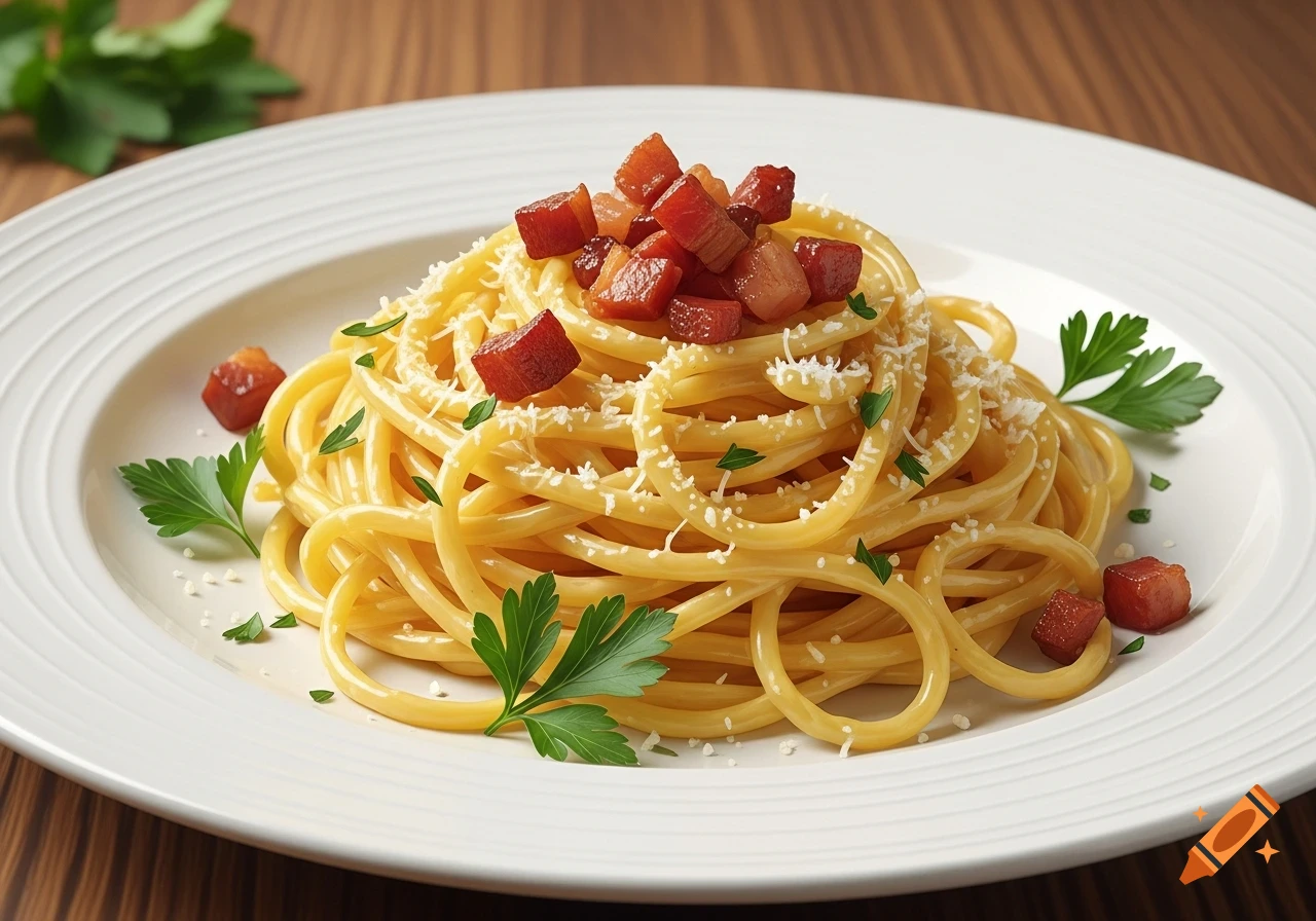 A plate of spaghetti carbonara topped with diced bacon, grated cheese, and fresh parsley, in a photorealistic style.