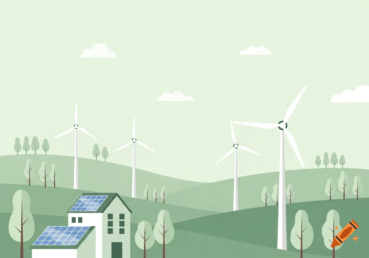 Minimalistic flat vector illustration of green hills with wind turbines, a house with solar panels, and trees, in pastel colors.