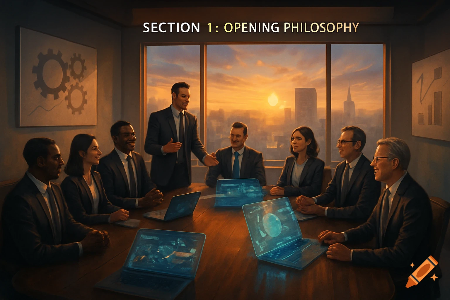 A diverse group of business professionals in suits at a conference table, looking at a presenter, with glowing laptops and a city skyline at sunset through a window. Text at the top reads, "SECTION 1: OPENING PHILOSOPHY".