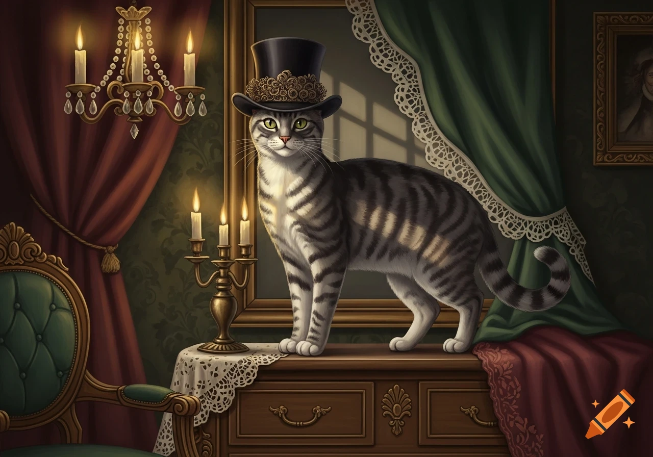A grey tabby cat wearing a black top hat with gold embellishments stands on an ornate wooden dresser in a dimly lit, Victorian-style room. Candles glow on a candelabra and chandelier, with rich red and green curtains framing the scene.