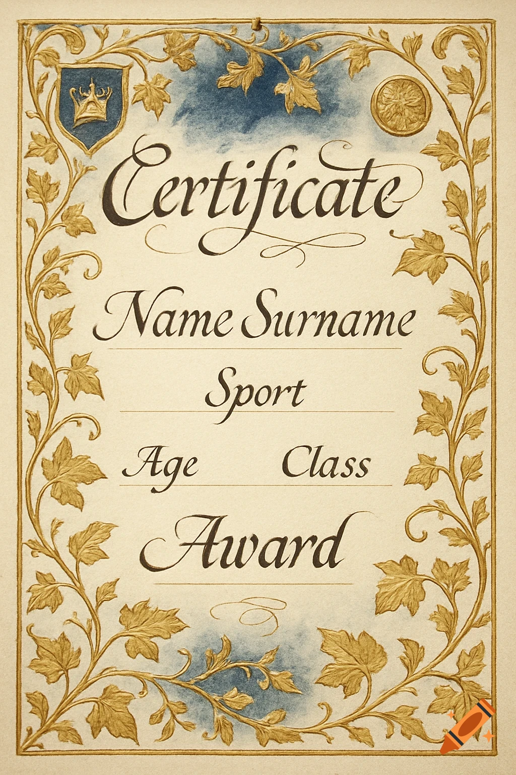 Vintage certificate with an ornate gold leaf border, blue crest, and placeholder text for 'Certificate', 'Name Surname', 'Sport', 'Age', 'Class', and 'Award'.