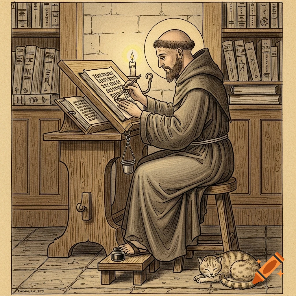 A medieval monk with a tonsure, beard, and robe sits at a wooden desk, writing on parchment with a quill. A candle illuminates his work, and a sleeping cat lies nearby.