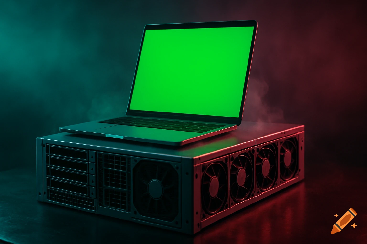 Sleek laptop with a green screen on top of a smoking GPU server node, illuminated by moody green and red light.