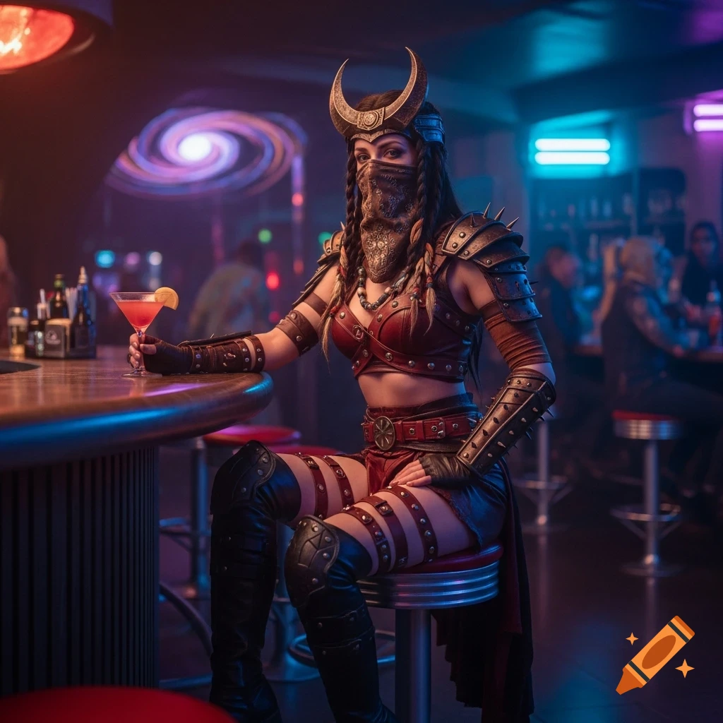 A woman in a fantasy warrior outfit with a crescent headpiece sits at a futuristic bar, holding a drink.