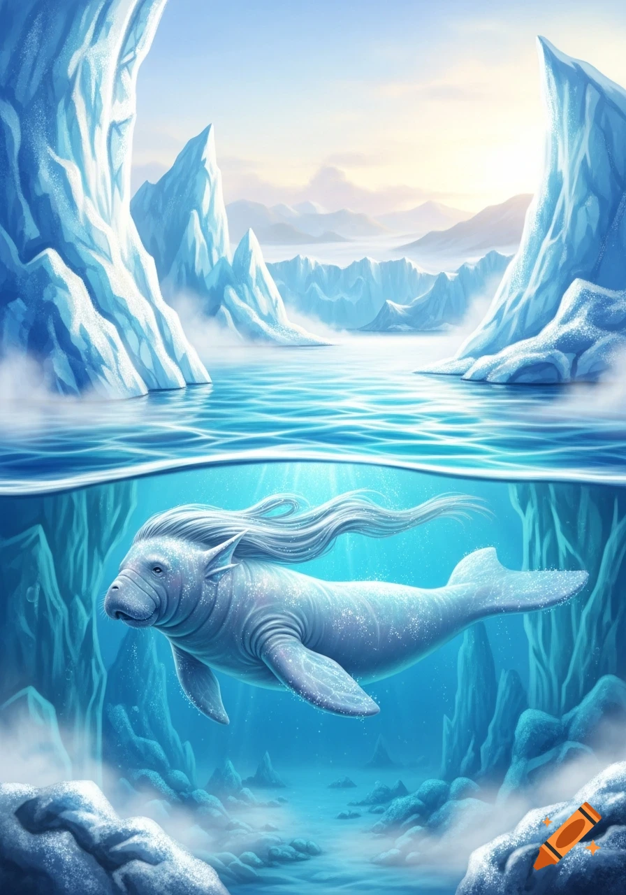 A fantasy ice siren with a manatee-like body and flowing hair swims underwater in a clear arctic sea with icebergs.