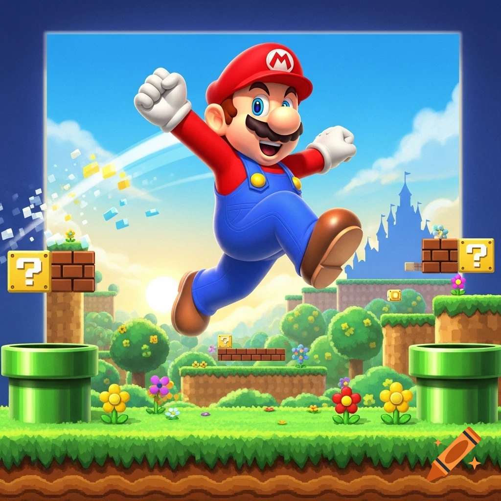 Mario in a vibrant, cartoonish video game landscape, jumping near question mark blocks, pipes, and a distant castle.
