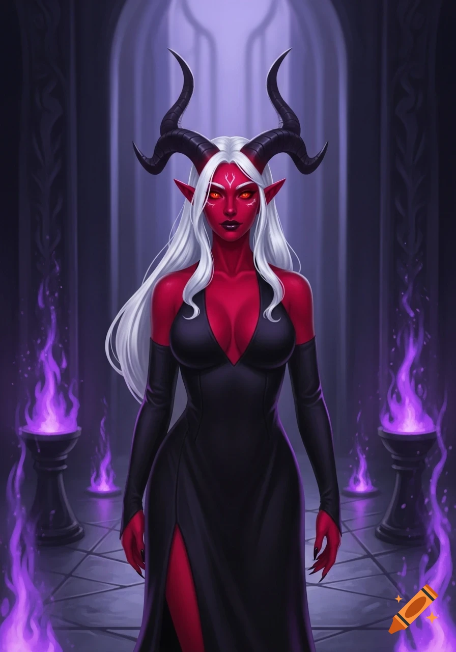 A red-skinned demoness with white hair, black horns, and glowing red eyes in a black dress stands in a dark hall with purple flames.