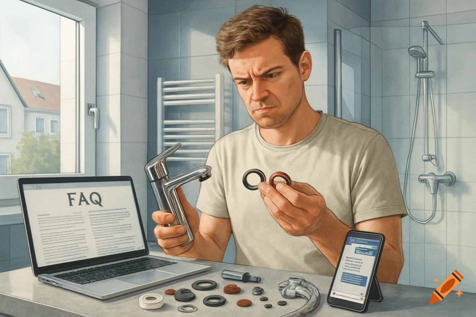 A man in a bathroom looks confused holding a faucet and rubber gaskets, with a laptop showing FAQ and a phone with a chatbot.