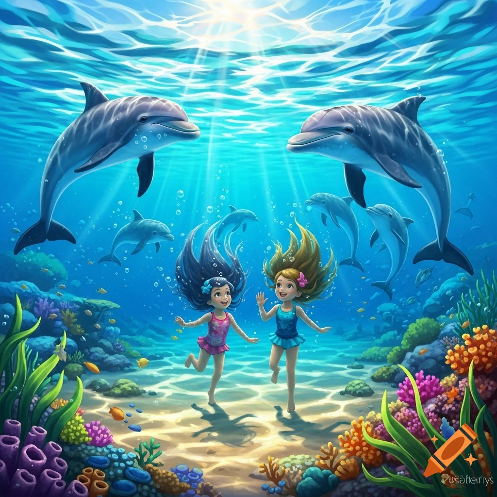 Two cartoon-style young girls in swimsuits swim happily underwater with dolphins and colorful coral reefs.