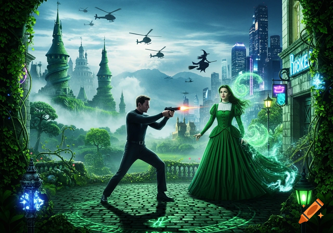 A man in black aims a gun with a red laser at a woman in a green gown radiating magic, against a backdrop of green castles, helicopters, and a modern city skyline.