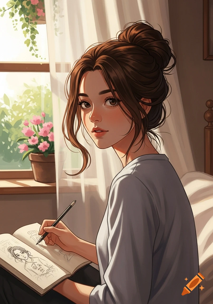 A manhwa-style woman with a messy bun draws in a sketchbook by a sunny window, looking back at the viewer.