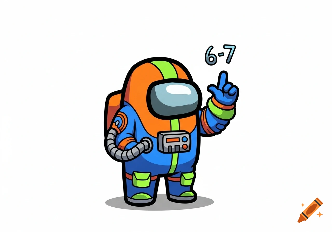 A colorful cartoon Among Us crewmate in blue and orange points upward, with the numbers 6-7 floating above its finger.