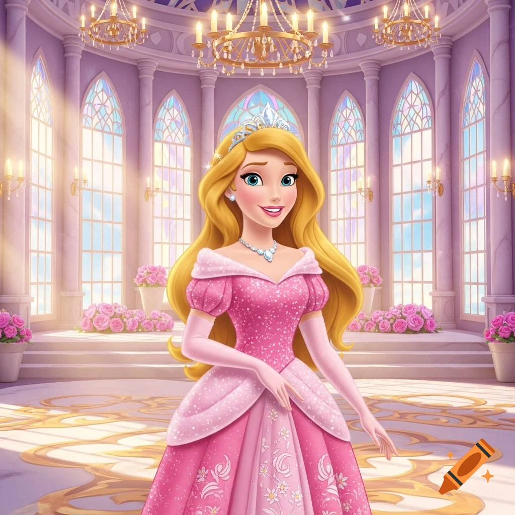 A cartoon princess with long blonde hair, wearing a sparkly pink ball gown and a tiara, stands in a lavish purple ballroom.