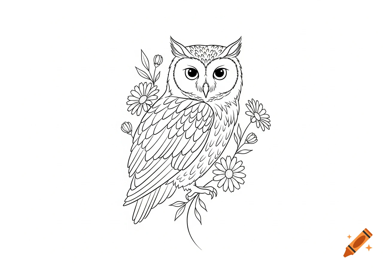 Fineline minimalist tattoo design of an owl perched among daisies, on a white background.