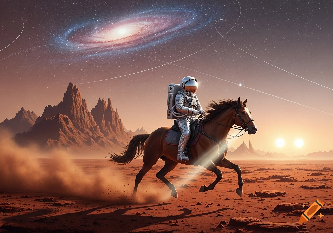 An astronaut in a silver spacesuit rides a galloping brown horse across a reddish desert planet with mountains under a starry sky and a visible galaxy.